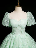 Fairytale Mint Green A-Line Puff Sleeves Tulle Lace Long Prom Dress Formal Dress HZ1108
