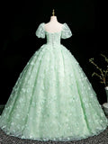 Fairytale Mint Green A-Line Puff Sleeves Tulle Lace Long Prom Dress Formal Dress HZ1108