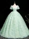Fairytale Mint Green A-Line Puff Sleeves Tulle Lace Long Prom Dress Formal Dress HZ1108
