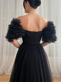 Black Sexy Off-shoulder Tulle Long Prom Dresses Elegant Formal Evening Dresses with Slits HZ1108