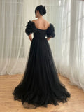 Black Sexy Off-shoulder Tulle Long Prom Dresses Elegant Formal Evening Dresses with Slits HZ1108