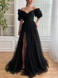 Black Sexy Off-shoulder Tulle Long Prom Dresses Elegant Formal Evening Dresses with Slits HZ1108