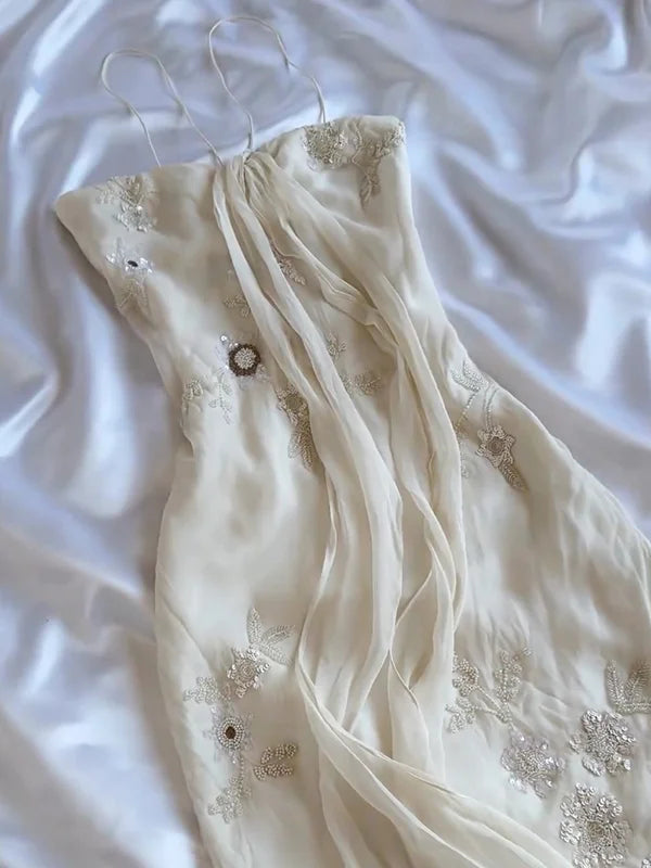 Vintage White Spaghetti Straps Chiffon Sheath Gentle Prom Dresses with Beading HZ1108