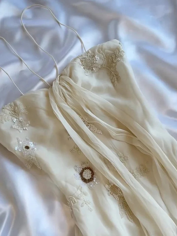 Vintage White Spaghetti Straps Chiffon Sheath Gentle Prom Dresses with Beading HZ1108