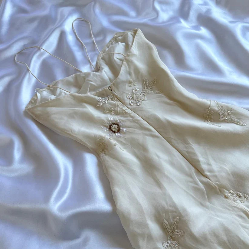 Vintage White Spaghetti Straps Chiffon Sheath Gentle Prom Dresses with Beading HZ1108