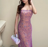 Vintage-Inspired Purple Chiffon Mermaid Prom Dresses Elegant Beaded Sleeveless Party Dresses HZ1108