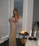 Elegant Champagne Strapless Sheath Sparkling Tulle Long Prom Dress Sexy Party Dress HZ1108