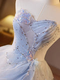 Fairytale A-Line Sweetheart Tulle Champagne Long Prom Dresses Beaded Sequins Sweet 16 HZ1108