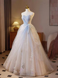 Fairytale A-Line Sweetheart Tulle Champagne Long Prom Dresses Beaded Sequins Sweet 16 HZ1108