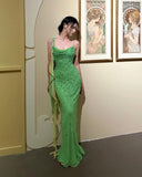 Fairytale Green Spaghetti Strap Mermaid Prom Dresses Sparkling Beaded Sequins Long Evening Dresses with Open Back HZ1108