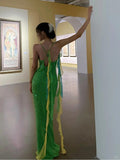 Fairytale Green Spaghetti Strap Mermaid Prom Dresses Sparkling Beaded Sequins Long Evening Dresses with Open Back HZ1108