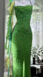 Fairytale Green Spaghetti Strap Mermaid Prom Dresses Sparkling Beaded Sequins Long Evening Dresses with Open Back HZ1108