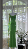 Fairytale Green Spaghetti Strap Mermaid Prom Dresses Sparkling Beaded Sequins Long Evening Dresses with Open Back HZ1108
