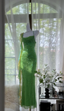 Fairytale Green Spaghetti Strap Mermaid Prom Dresses Sparkling Beaded Sequins Long Evening Dresses with Open Back HZ1108
