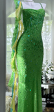 Fairytale Green Spaghetti Strap Mermaid Prom Dresses Sparkling Beaded Sequins Long Evening Dresses with Open Back HZ1108