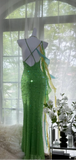 Fairytale Green Spaghetti Strap Mermaid Prom Dresses Sparkling Beaded Sequins Long Evening Dresses with Open Back HZ1108