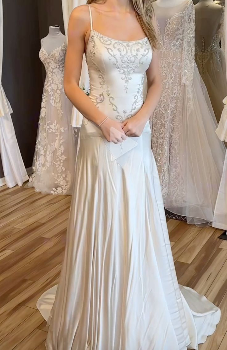 Elegant Spaghetti Straps Mermaid Wedding Dress Satin Beading Long Prom Dress Simple Formal Evening Dress HZ1108