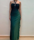 Shiny Green Chiffon Sheath Party Dress Elegant Halter Long Evening Dress with Ruffles HZ1108
