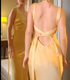 Simple Yellow Satin Sheath V Neck Backless Party Dress Sexy Elegant Evening Dress HZ1108