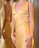 Simple Yellow Satin Sheath V Neck Backless Party Dress Sexy Elegant Evening Dress HZ1108