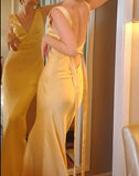 Simple Yellow Satin Sheath V Neck Backless Party Dress Sexy Elegant Evening Dress HZ1108