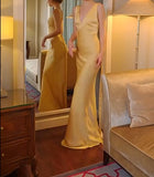 Simple Yellow Satin Sheath V Neck Backless Party Dress Sexy Elegant Evening Dress HZ1108
