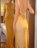 Simple Yellow Satin Sheath V Neck Backless Party Dress Sexy Elegant Evening Dress HZ1108