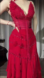 Vintage Red V-Neck A-Line Chiffon Tiered Party Dress Shiny Beaded Evening Dress HZ1108
