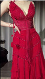 Vintage Red V-Neck A-Line Chiffon Tiered Party Dress Shiny Beaded Evening Dress HZ1108