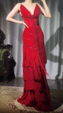 Vintage Red V-Neck A-Line Chiffon Tiered Party Dress Shiny Beaded Evening Dress HZ1108