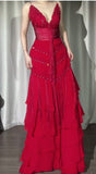 Vintage Red V-Neck A-Line Chiffon Tiered Party Dress Shiny Beaded Evening Dress HZ1108