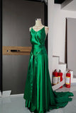Classic Emerald Green Spaghetti Straps Satin Long Prom Dresses Simple Train Backless Evening Dress HZ1108