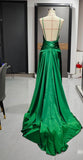 Classic Emerald Green Spaghetti Straps Satin Long Prom Dresses Simple Train Backless Evening Dress HZ1108