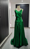 Classic Emerald Green Spaghetti Straps Satin Long Prom Dresses Simple Train Backless Evening Dress HZ1108