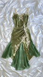 Elegant Olive Green Spaghetti Straps Satin Party Dress Vintage Lace Applique Chiffon Mermaid Evening Dress HZ1108