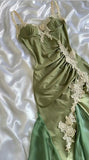 Elegant Olive Green Spaghetti Straps Satin Party Dress Vintage Lace Applique Chiffon Mermaid Evening Dress HZ1108