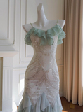 Fairytale Mint Green Spaghetti Straps Chiffon Ruffled Prom Dresses Shiny Beaded Sequined Backless Evening Dresses HZ1108