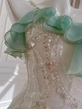 Fairytale Mint Green Spaghetti Straps Chiffon Ruffled Prom Dresses Shiny Beaded Sequined Backless Evening Dresses HZ1108