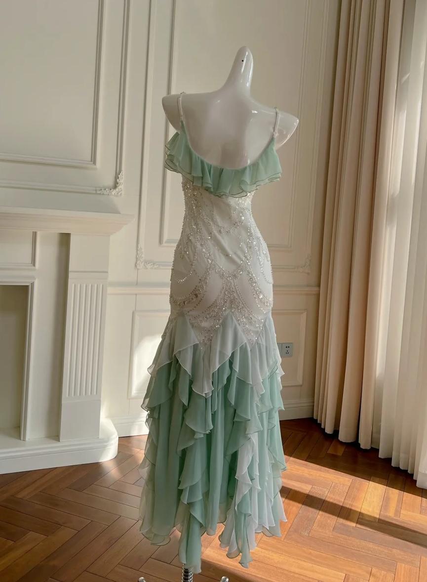 Fairytale Mint Green Spaghetti Straps Chiffon Ruffled Prom Dresses Shiny Beaded Sequined Backless Evening Dresses HZ1108