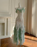 Fairytale Mint Green Spaghetti Straps Chiffon Ruffled Prom Dresses Shiny Beaded Sequined Backless Evening Dresses HZ1108