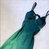 Vintage Gradient Teal V-neck Spaghetti Strap Satin Party Dresses Elegant Backless Prom Dress HZ1108