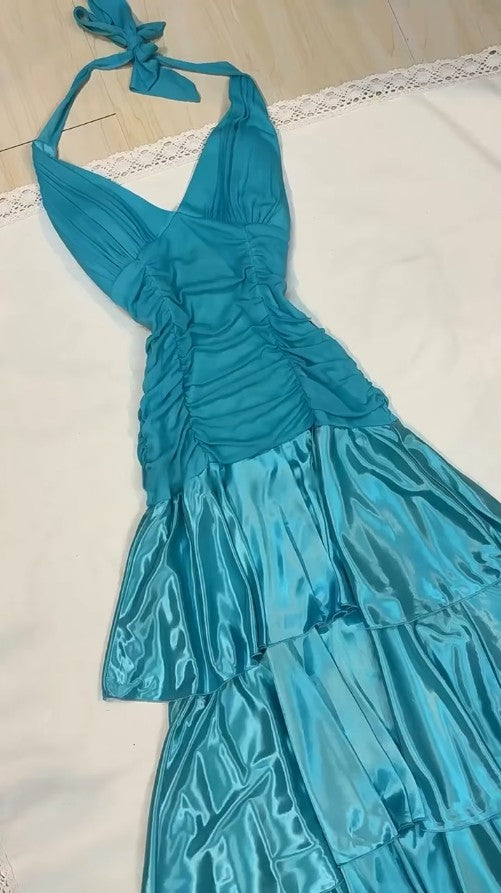 Vintage Turquoise Chiffon Halter A-line Long Prom Dresses Sweet Backless Tiered Satin Party Dresses HZ1108
