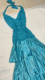 Vintage Turquoise Chiffon Halter A-line Long Prom Dresses Sweet Backless Tiered Satin Party Dresses HZ1108