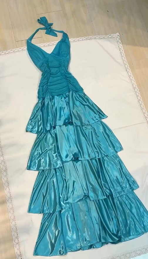 Vintage Turquoise Chiffon Halter A-line Long Prom Dresses Sweet Backless Tiered Satin Party Dresses HZ1108