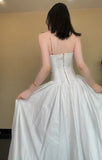 Fashion White Strapless Satin Pleated A-Line Bridesmaid Dresses Elegant Backless Evening Dresses with Slit HZ1108