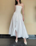 Fashion White Strapless Satin Pleated A-Line Bridesmaid Dresses Elegant Backless Evening Dresses with Slit HZ1108