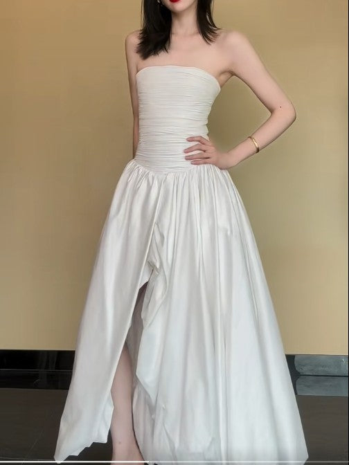 Fashion White Strapless Satin Pleated A-Line Bridesmaid Dresses Elegant Backless Evening Dresses with Slit HZ1108