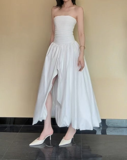 Fashion White Strapless Satin Pleated A-Line Bridesmaid Dresses Elegant Backless Evening Dresses with Slit HZ1108