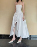 Fashion White Strapless Satin Pleated A-Line Bridesmaid Dresses Elegant Backless Evening Dresses with Slit HZ1108
