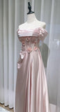 Sweet Pink Off-the-shoulder A-Line Satin Long Evening Dresses Sweet 16 Prom Dresses HZ1108